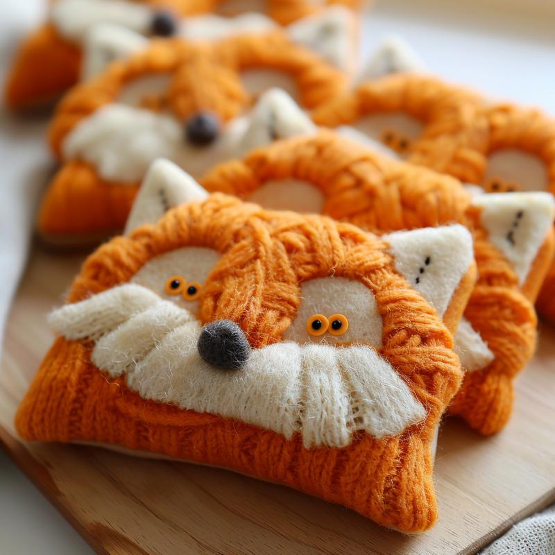 Close-up of striped socks and felt fox embellishments on a wooden board.
