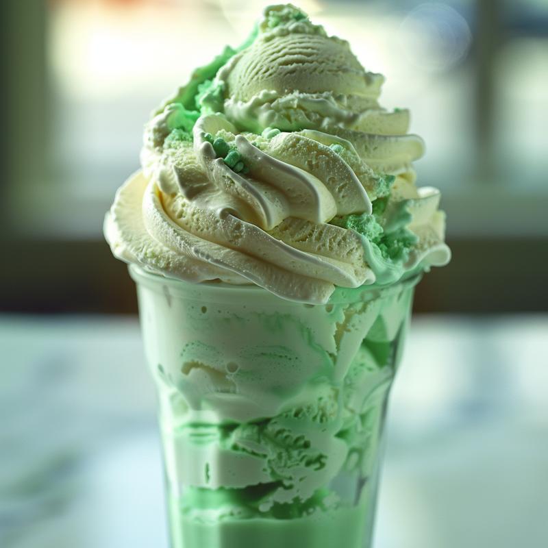 Close-up of a creamy green shamrock shake on a white marble surface.