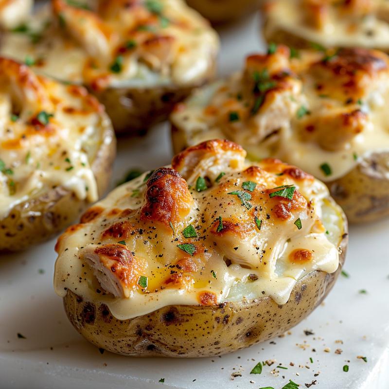 Close-up of a creamy chicken alfredo stuffed potato on a white marble surface.