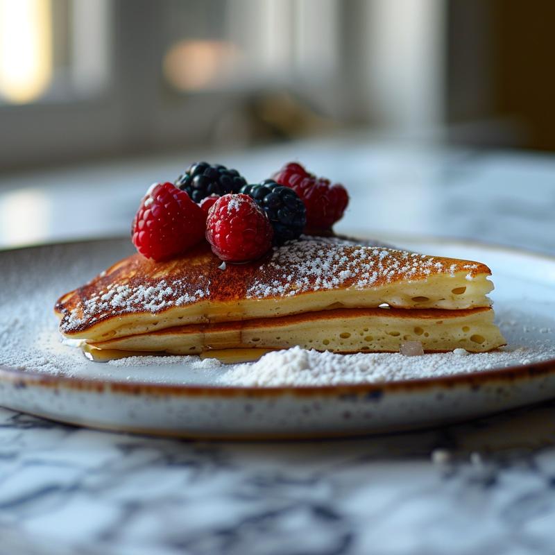 Close-up of heart-shaped pancakes topped with berries.