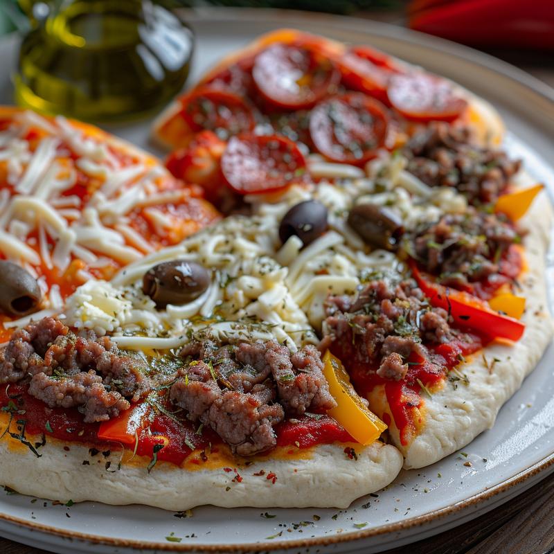 Close-up of a heart-shaped pizza with visible toppings.