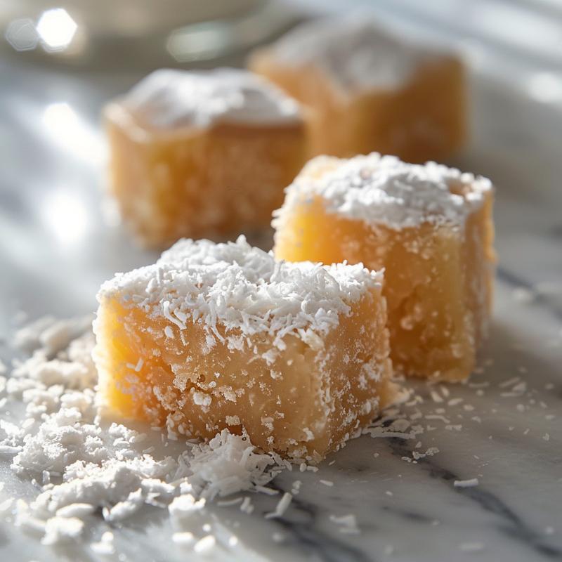 Close-up of Irish potato candy resembling small potatoes covered in coconut.