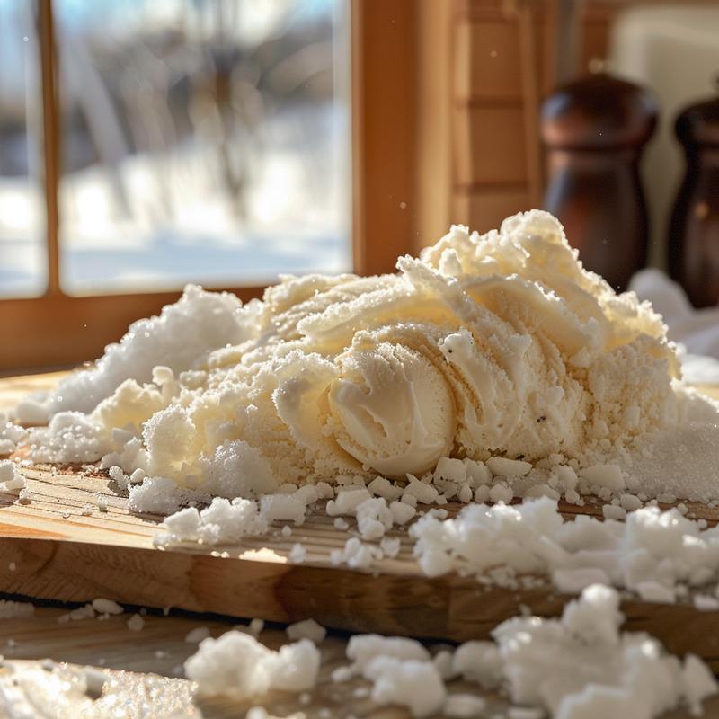 Close-up of white snow ice cream on a light wood board, minimal styling.