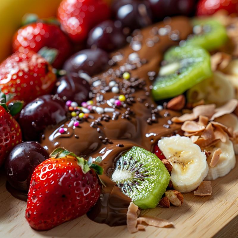 Close-up of chocolate-covered strawberries, bananas, grapes, and kiwi on a light wood board.