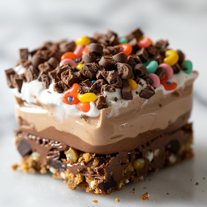Close-up of Easter dirt cup dessert with cookie crumbs, pudding, whipped topping, and gummy worms.