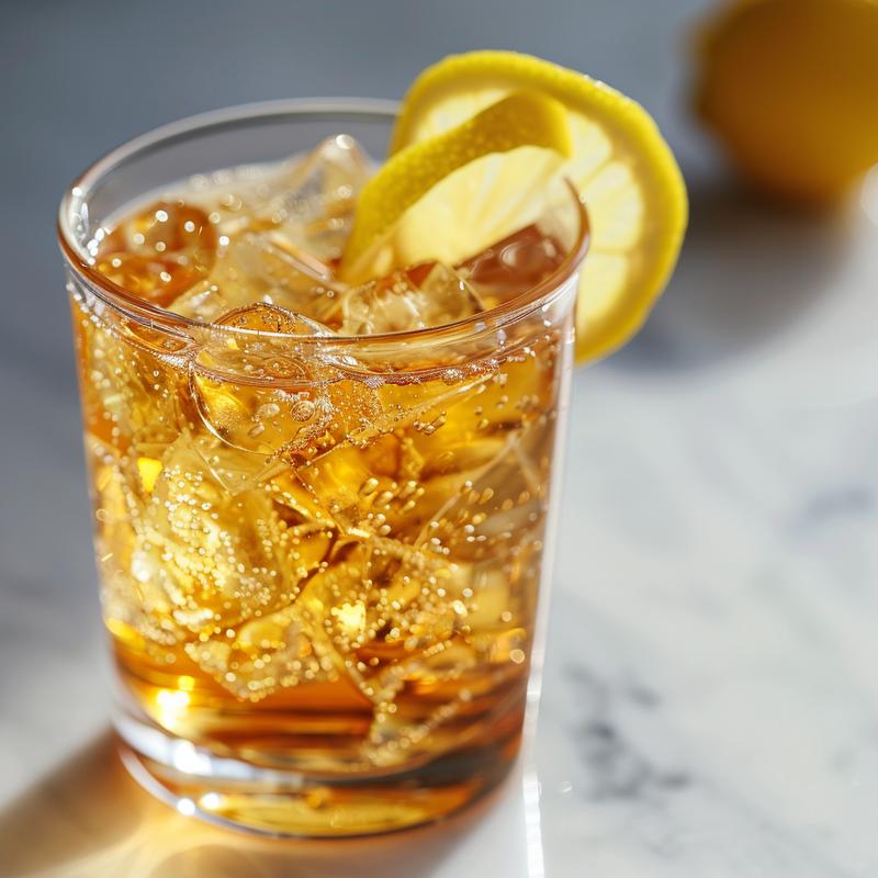 Close-up of a cocktail with lemon twist.