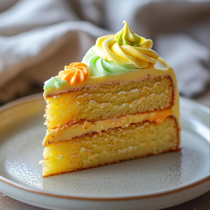 Slice of multi-colored frosted cake on grey plate.