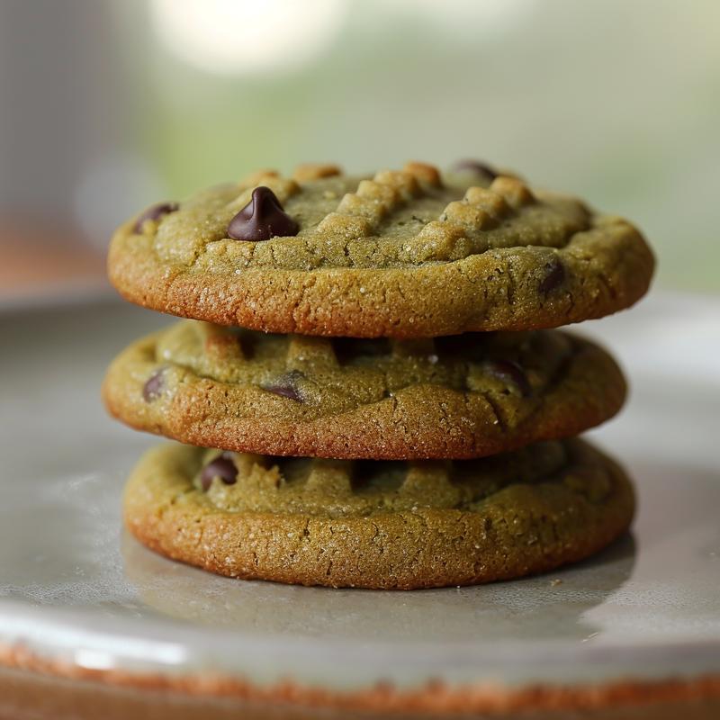 Stack of three green chocolate chip cookies on a light grey plate.