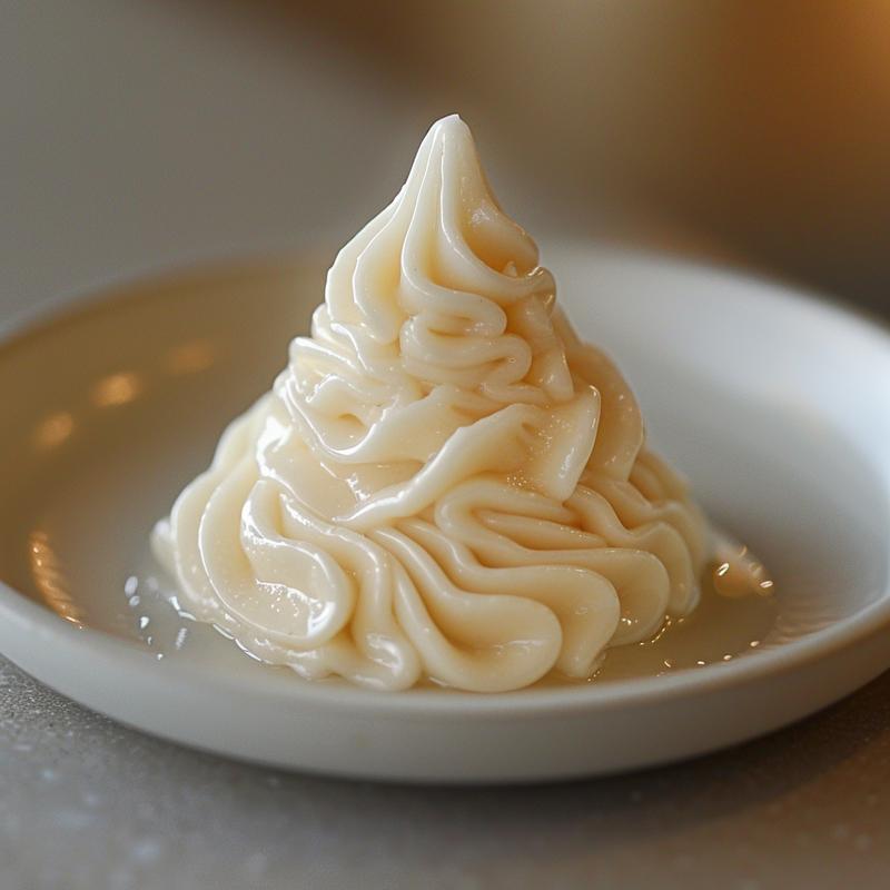 Close-up of glossy royal icing samples on a grey plate.