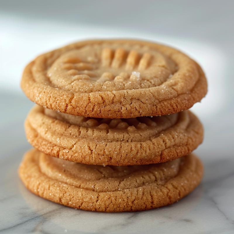 Stack of three sugar cookies on a white marble surface.