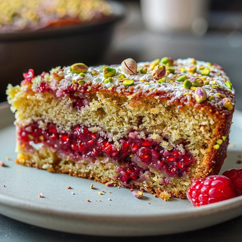Close-up of a slice of pistachio raspberry cake on a light grey plate.