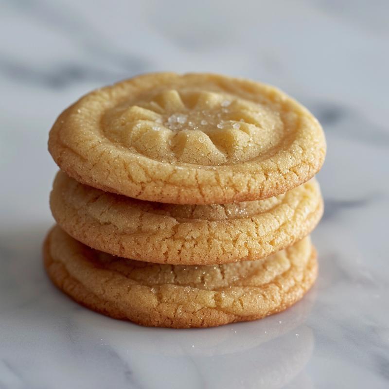 Stack of three lemon cookies on a white marble surface.