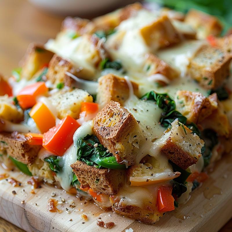 Close-up view of gluten-free breakfast strata featuring cheese, spinach, and bell peppers.