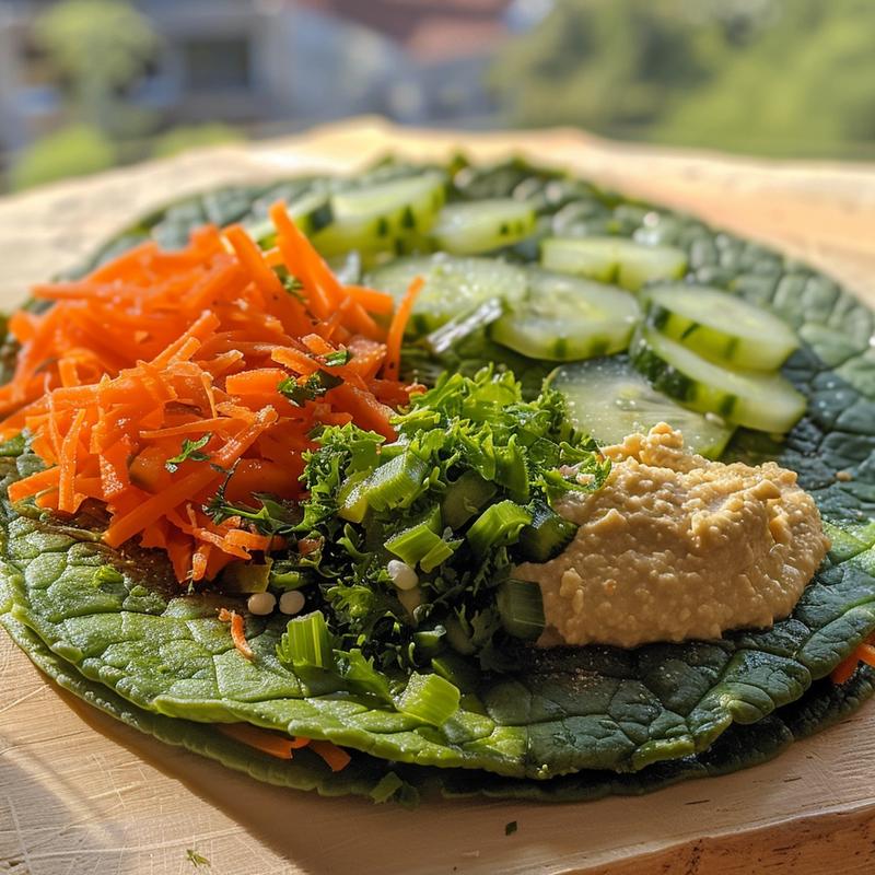Close-up of veggie wraps with hummus on wood.