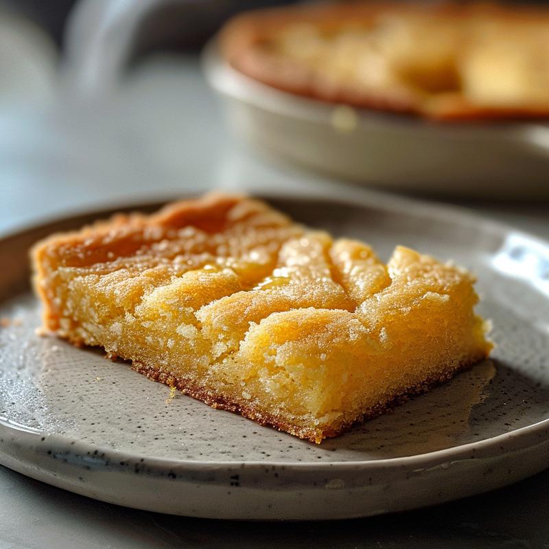 Close-up of a lemon cake mix cookie slice on a grey plate.