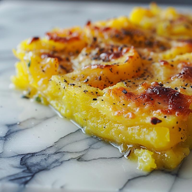 Close-up of a portion of yellow squash casserole on a marble surface.