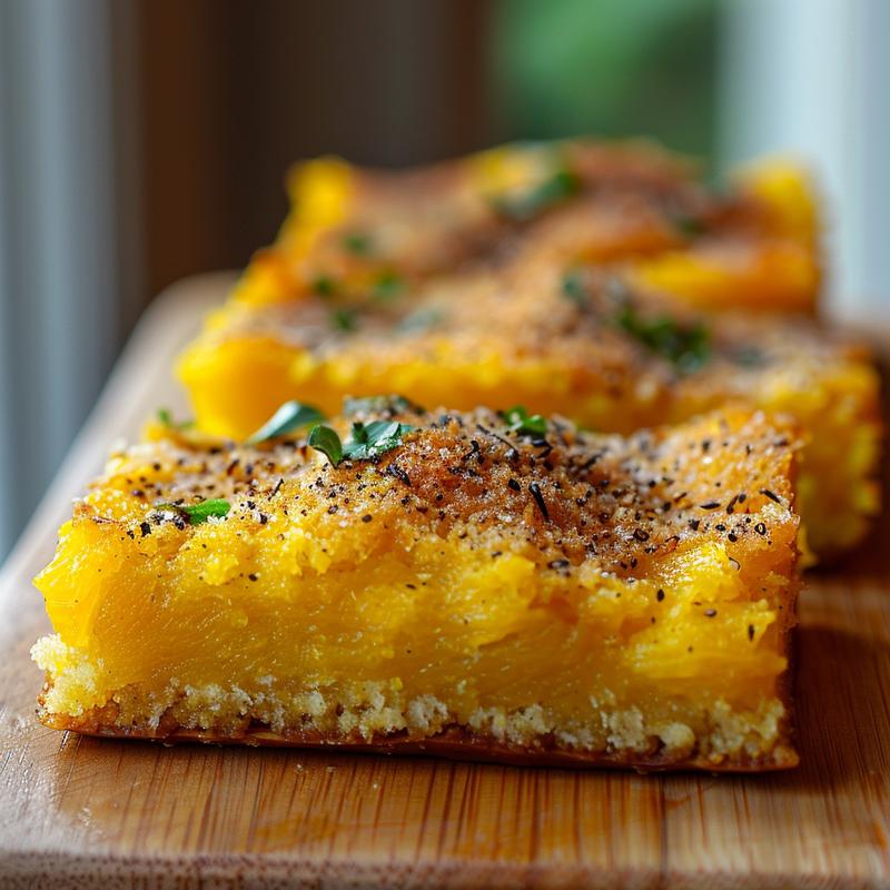 A close-up of a serving of cornbread squash casserole on a light wooden board.