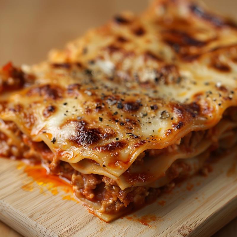 Close-up of a delicious portion of mixed up lasagna on a light wood board.