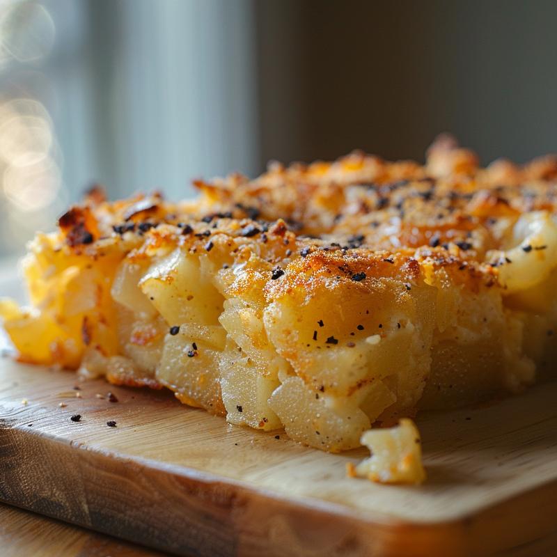 A close-up view of a fluffy croissant breakfast casserole on a wooden board, showcasing its golden-brown top and rich, creamy filling.