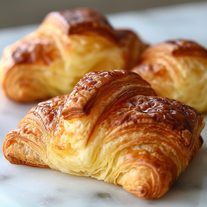 Close-up of a flaky croissant sitting beside a cannelé on a white marble surface.