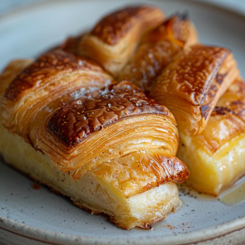 Close-up of a croissant French toast bake on a light grey ceramic plate.