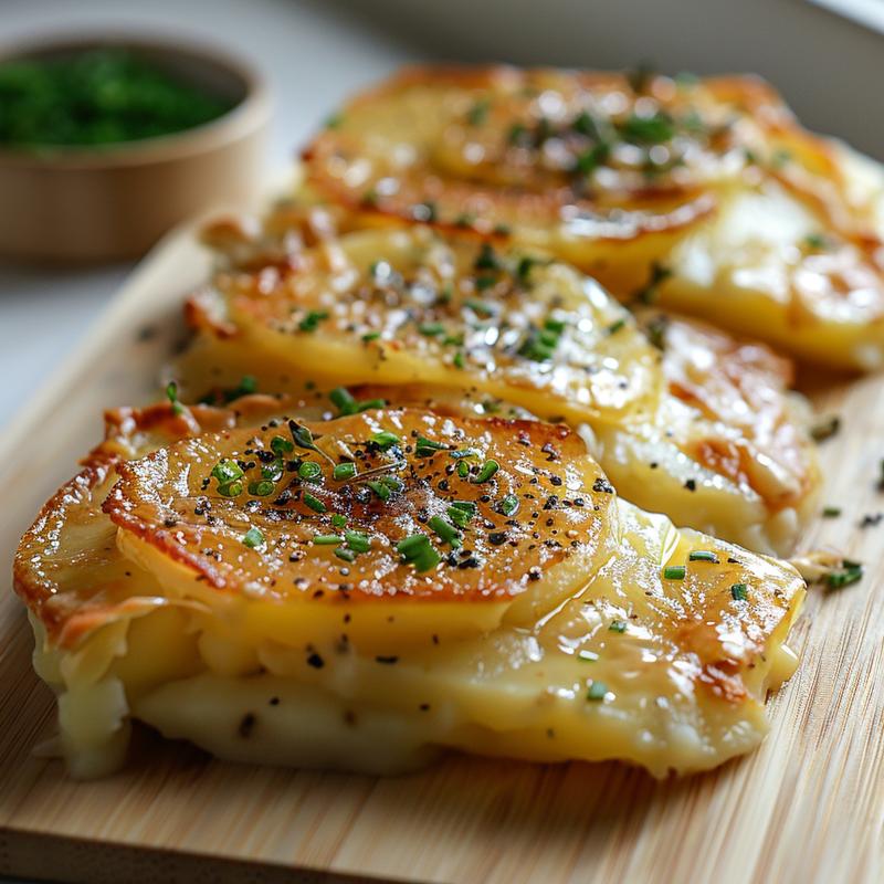 Close-up of creamy crock pot au gratin potatoes on a wooden board.