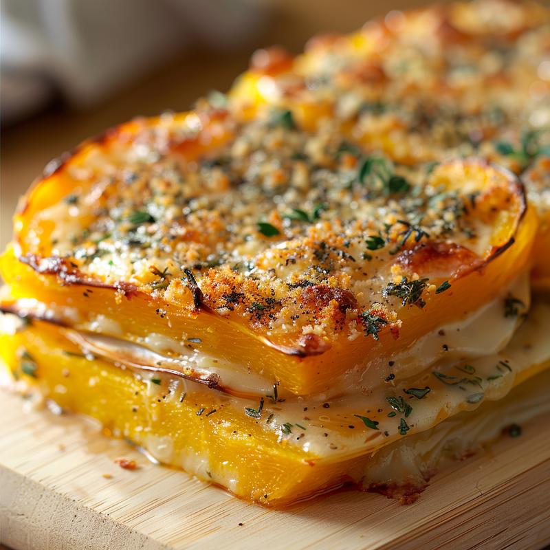 Close-up of a creamy squash casserole on a light wood board, showcasing its texture.