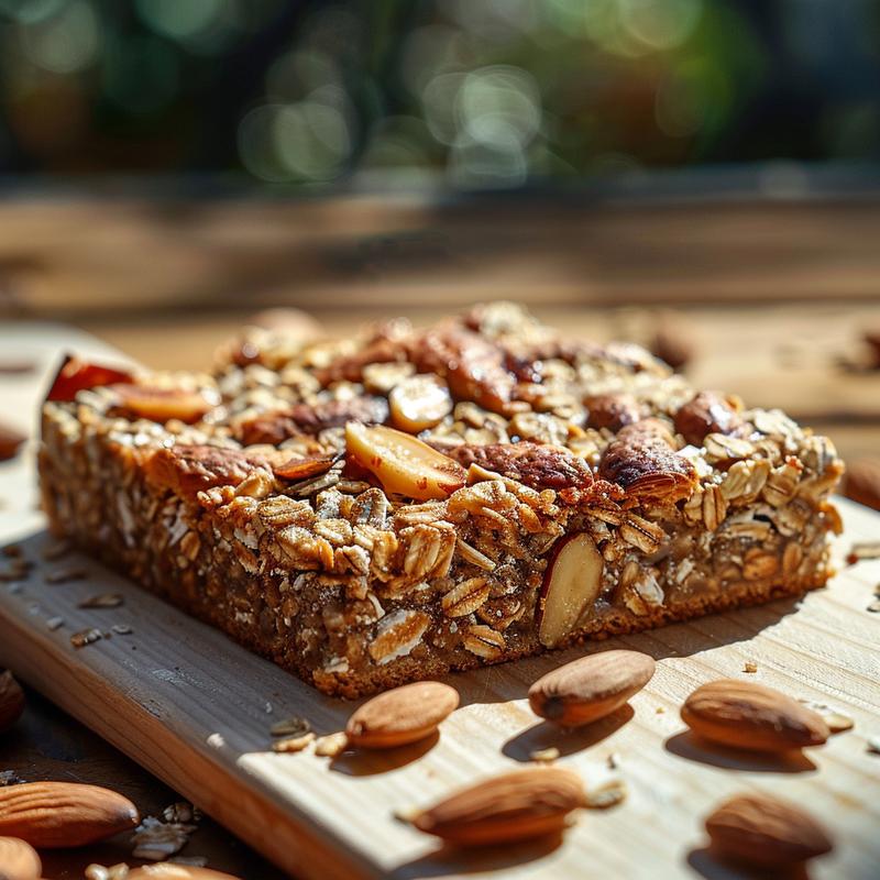 Close-up of almond croissant baked oats on a light wood board with soft shadows.