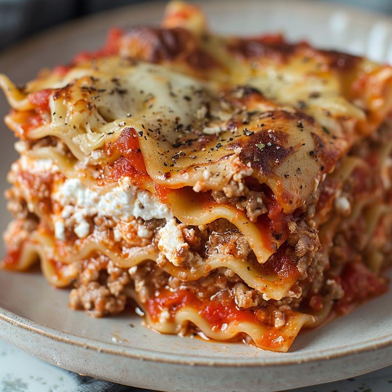 A close-up of a portion of lasagna casserole featuring layers of pasta, ricotta cheese, and sauce on a light grey ceramic plate.