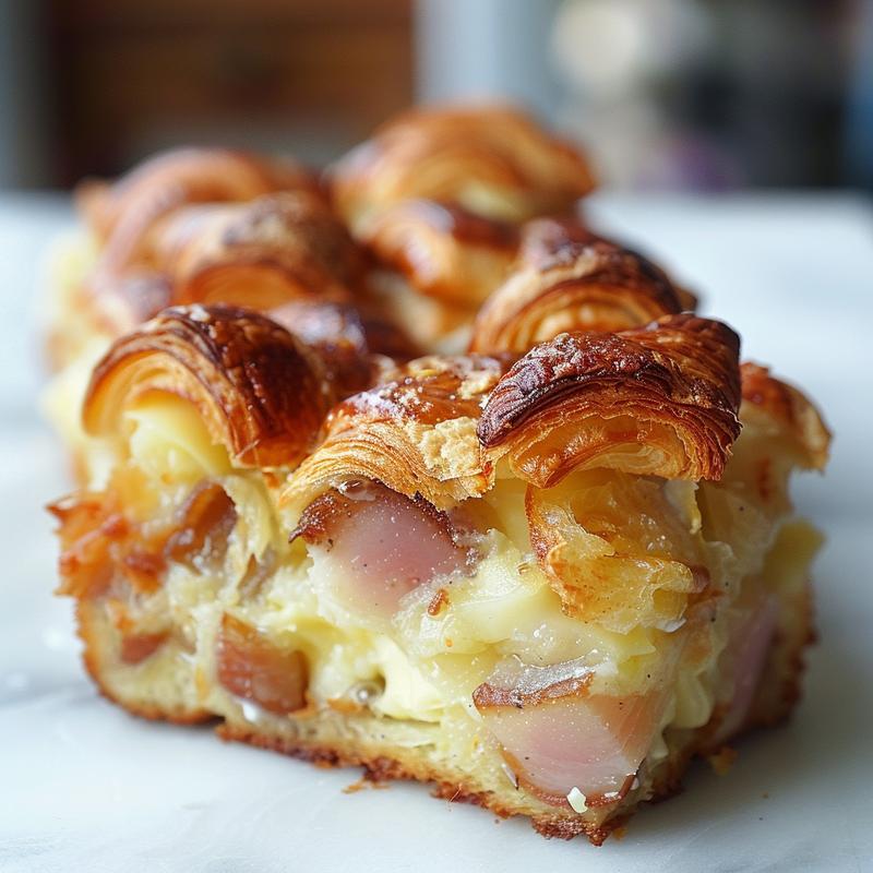A close-up of a delicious breakfast strata with croissants on a white marble surface.
