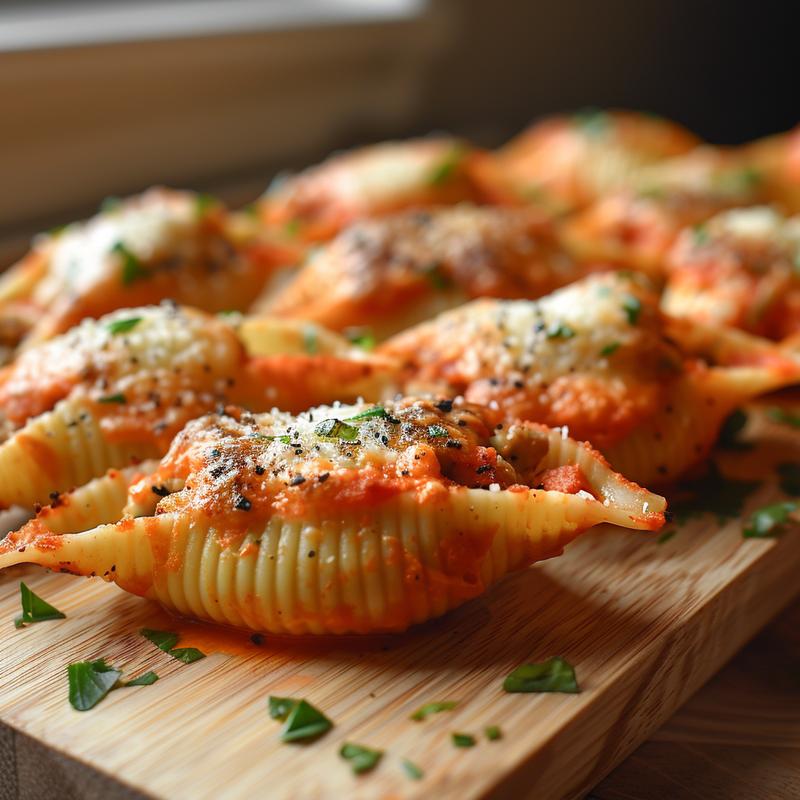 Close-up of stuffed shells filled with cheese and herbs, displayed on a light wood board.