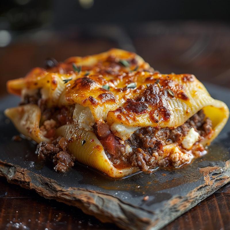 Close-up of beef stuffed pasta shells with creamy ricotta filling on a rustic slate plate.