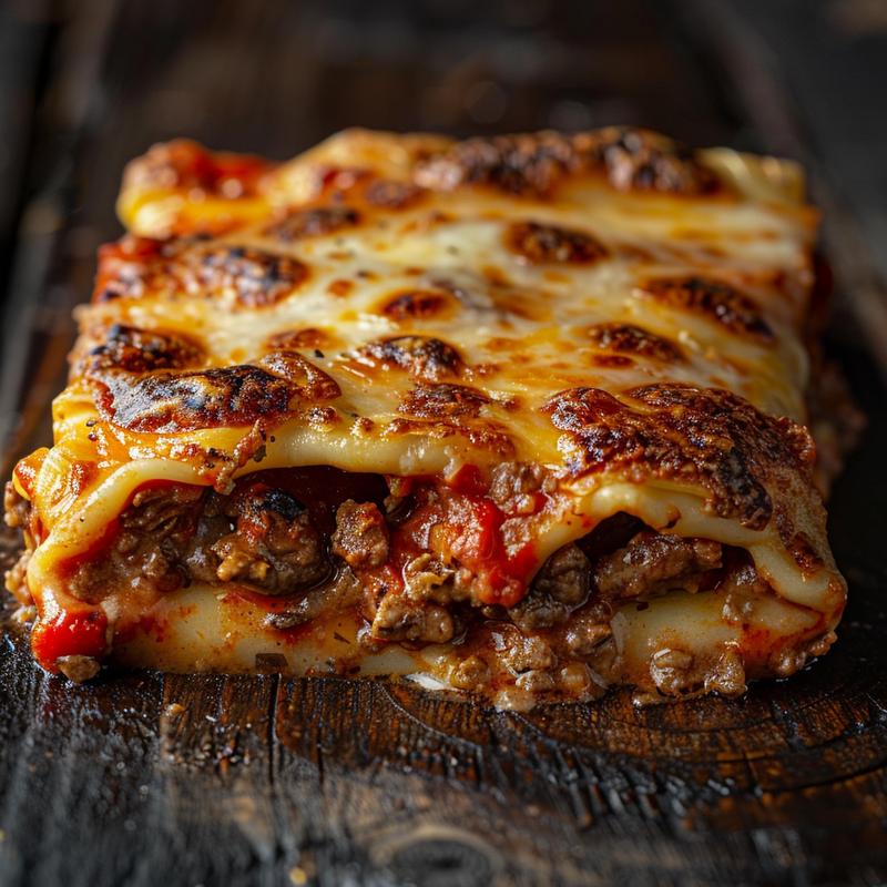 Close-up of cheesy beef manicotti bake on a wooden table with dramatic shadows.
