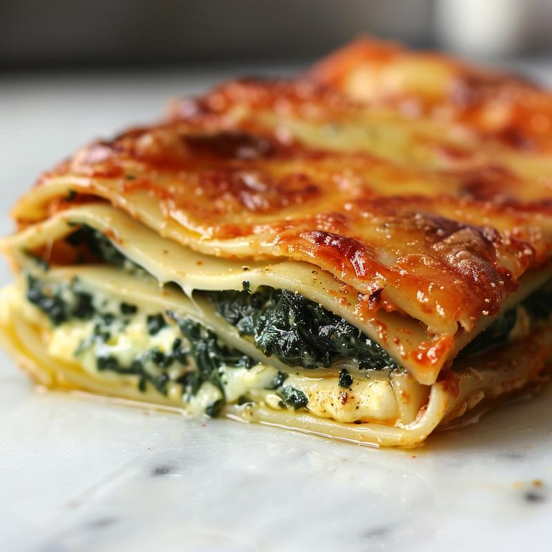 Close-up of spinach and cheese stuffed manicotti on a marble surface.