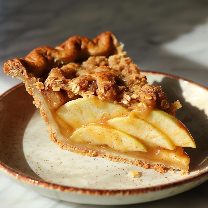 Close-up of a slice of caramel apple crisp pie on a white plate with a marble background.