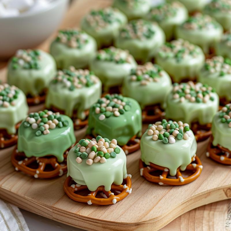 Close-up of green-coated pretzels with sprinkles and marshmallows.