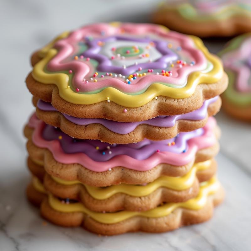 Stack of three tulip-shaped cookies decorated with colorful icing.
