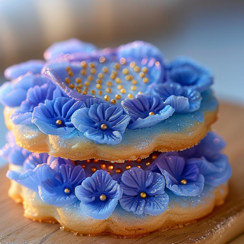 Three hydrangea sugar cookies, blue and gold, stacked on light wood.