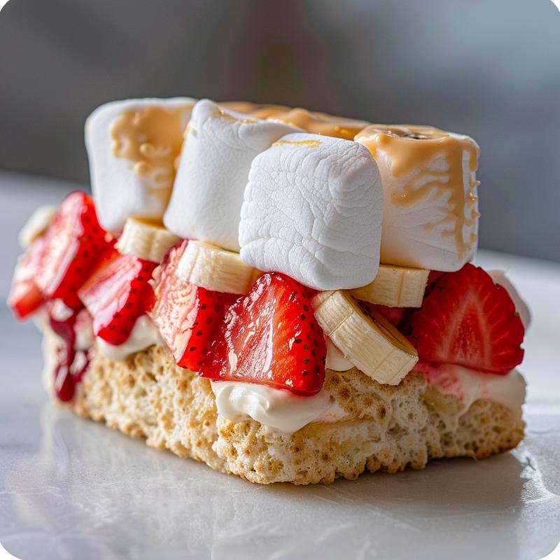 Close-up of a Cat in the Hat themed snack with marshmallows, strawberries, bananas, and melted white and red chocolate.