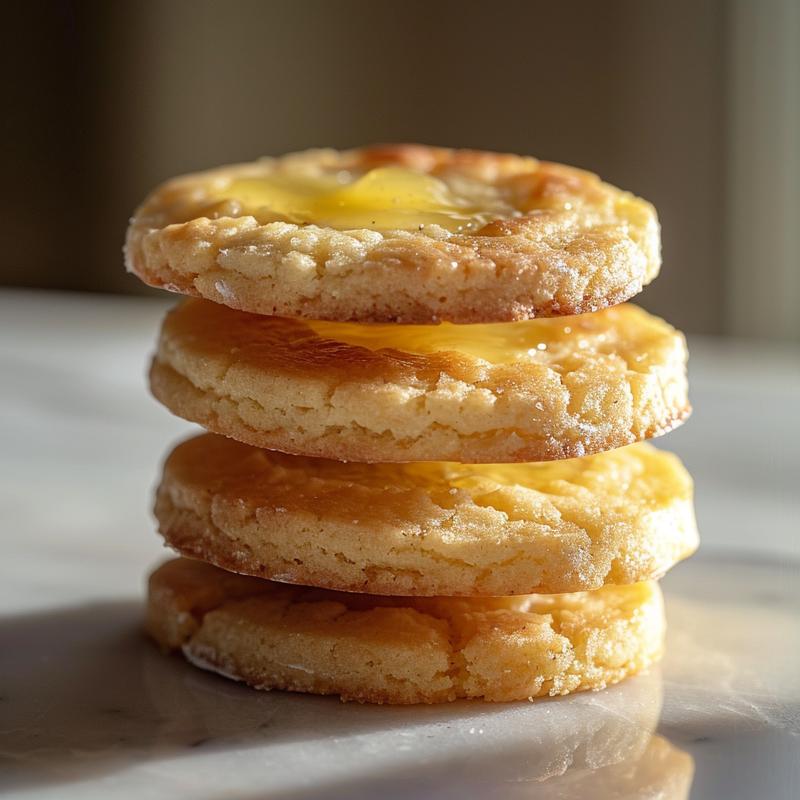 Stack of three lemon curd shortbread cookies on white marble.