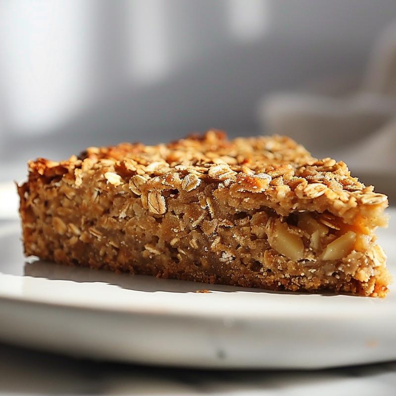 Close-up of a slice of baked oats blended oatmeal cake on a white marble plate.
