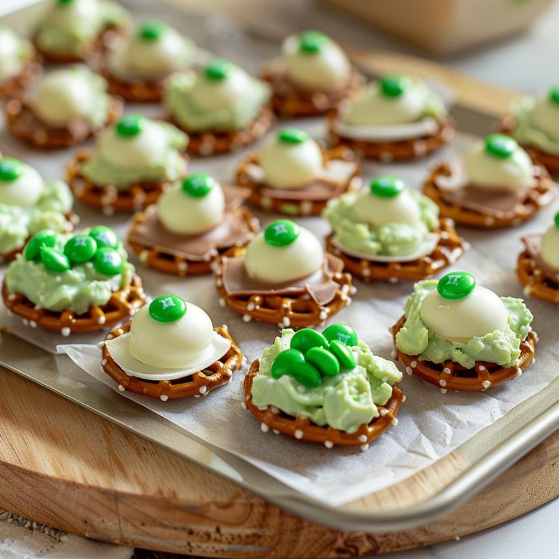 Close-up of green-tinted chocolate pretzel bites with ham pieces.