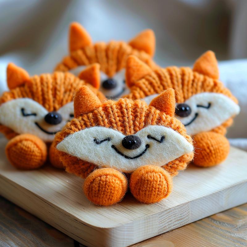 Close-up of striped socks and felt fox embellishments on a wooden board.