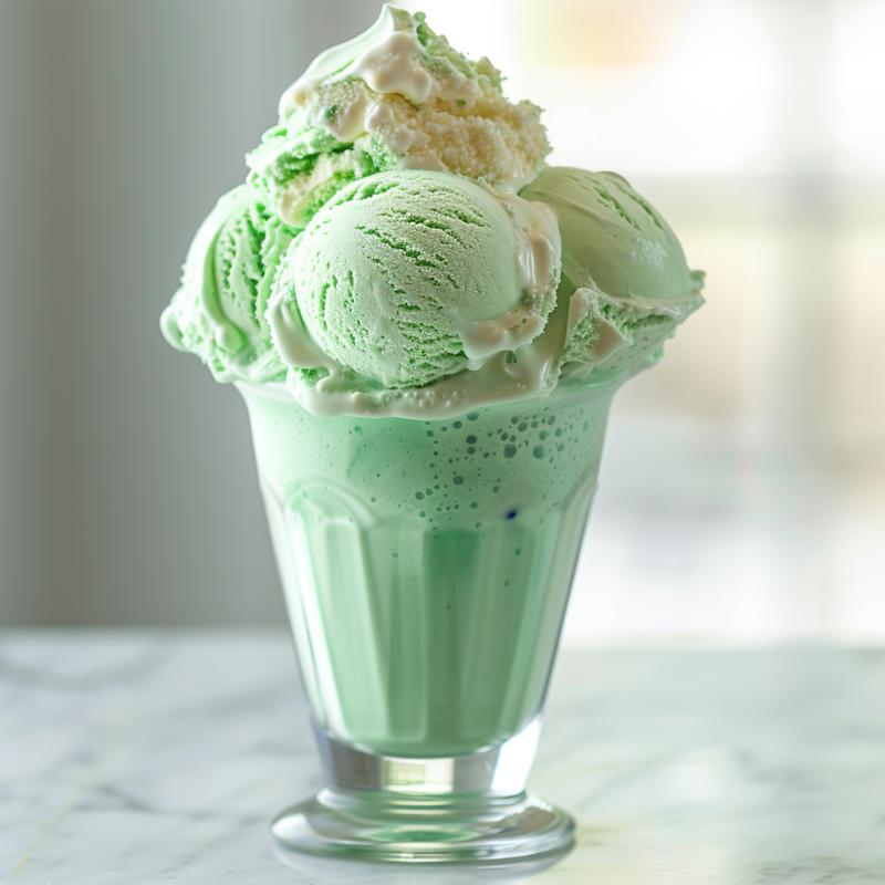 Close-up of a creamy green shamrock shake on a white marble surface.