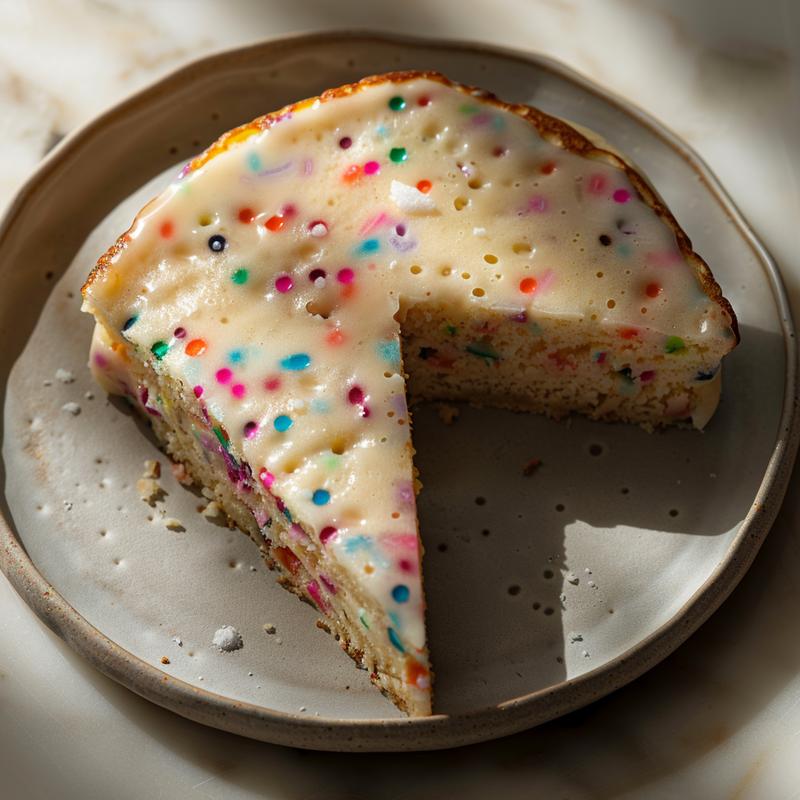Close-up of a slice of colorful sprinkle pancakes on a light grey plate.