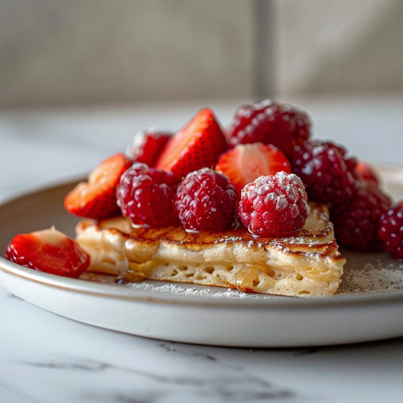 Close-up of heart-shaped pancakes topped with berries.