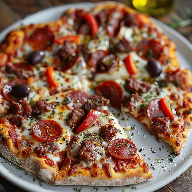 Close-up of a heart-shaped pizza with visible toppings.