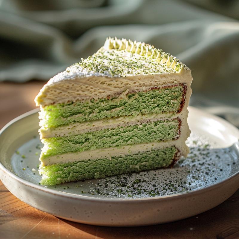 Close-up of a slice of green and white layer cake on a grey plate.