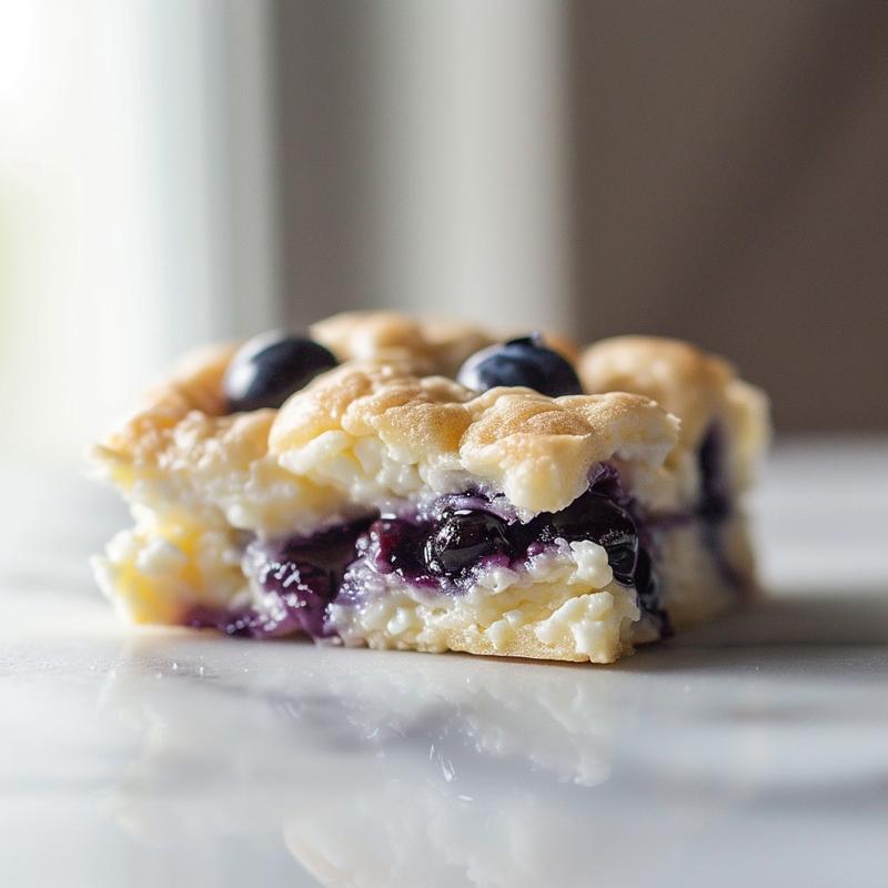 Close-up of light and airy cottage cheese blueberry cloud bread on white marble.