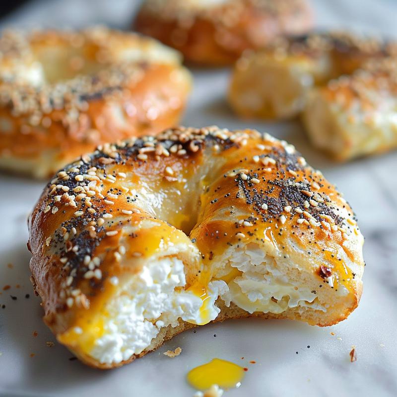 Close-up of a cottage cheese bagel, showing texture and seasoning.